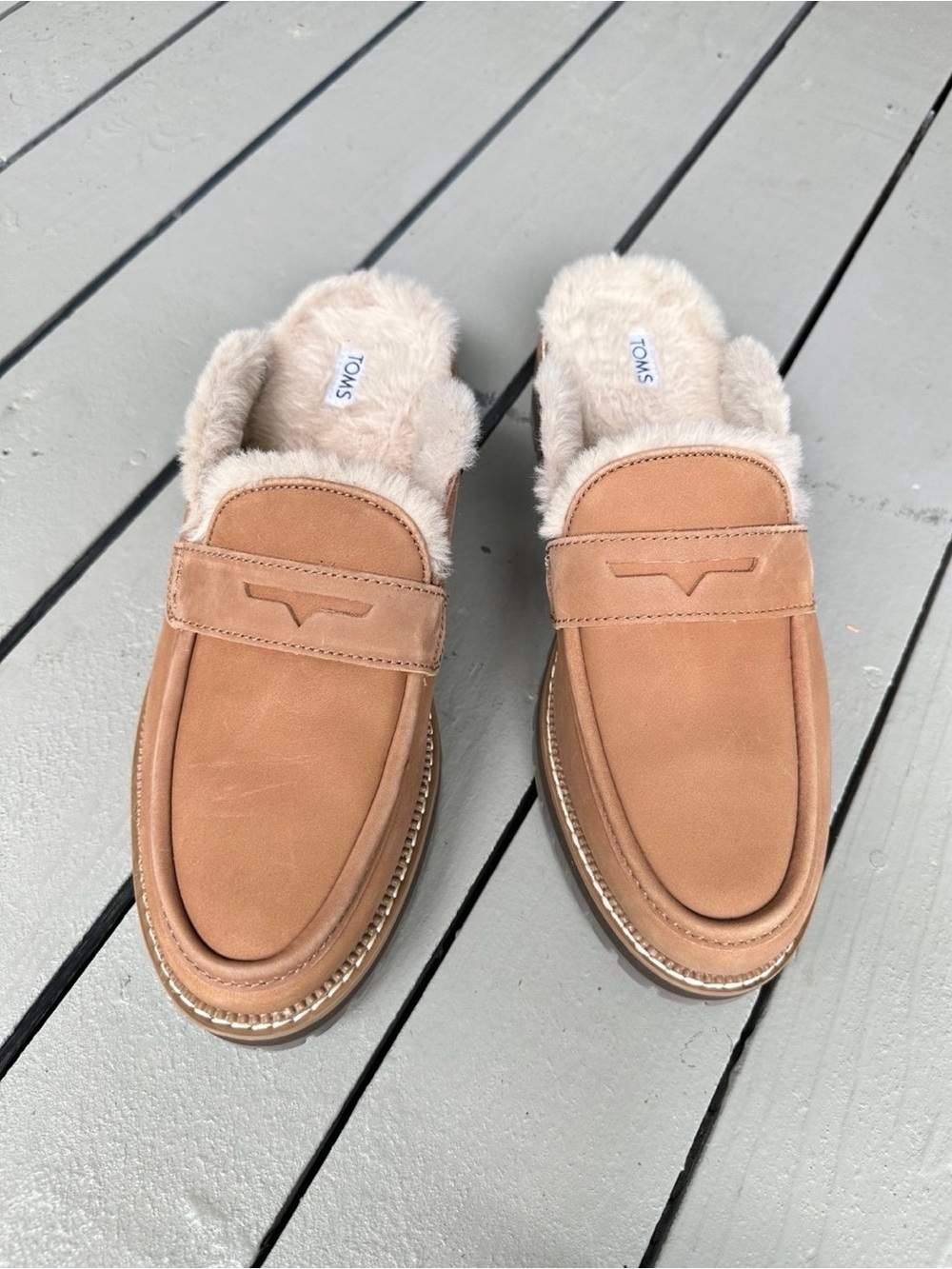 TOMS Cara Cozy Lug Sole Loafer Mules Women Nubuck Leather Faux Fur~8.5